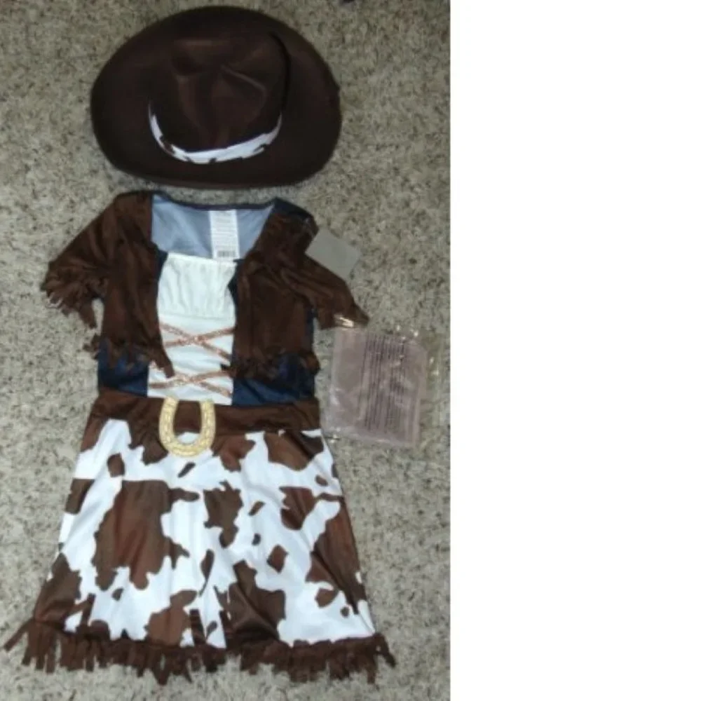 Cowgirl & Cowboy Boots Halloween Costume 4/6 Brown Dress, Hat, Scarf 4 Pc Girls - Picture 6 of 13